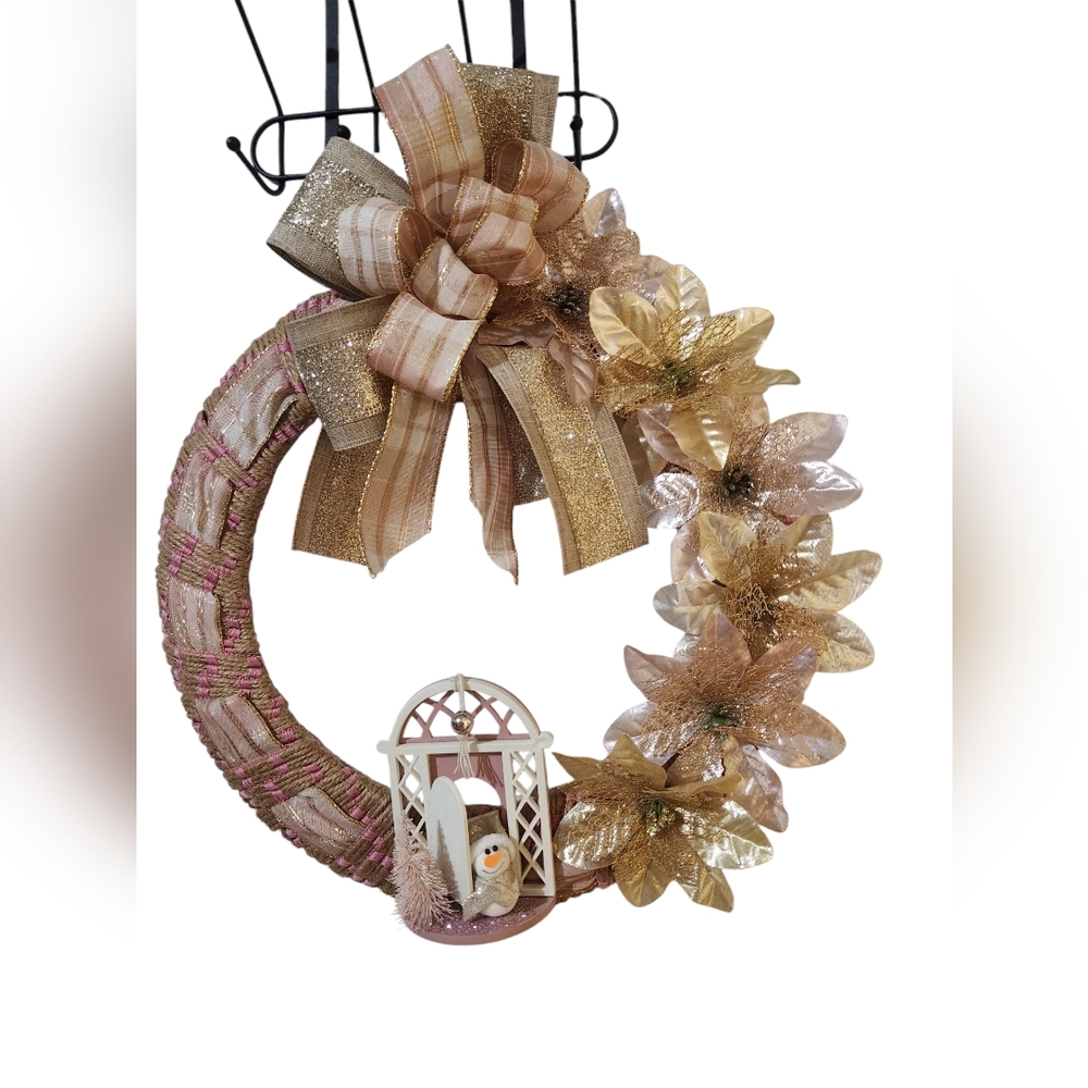 Pink and Gold Snowman Wreath Hand Crafted